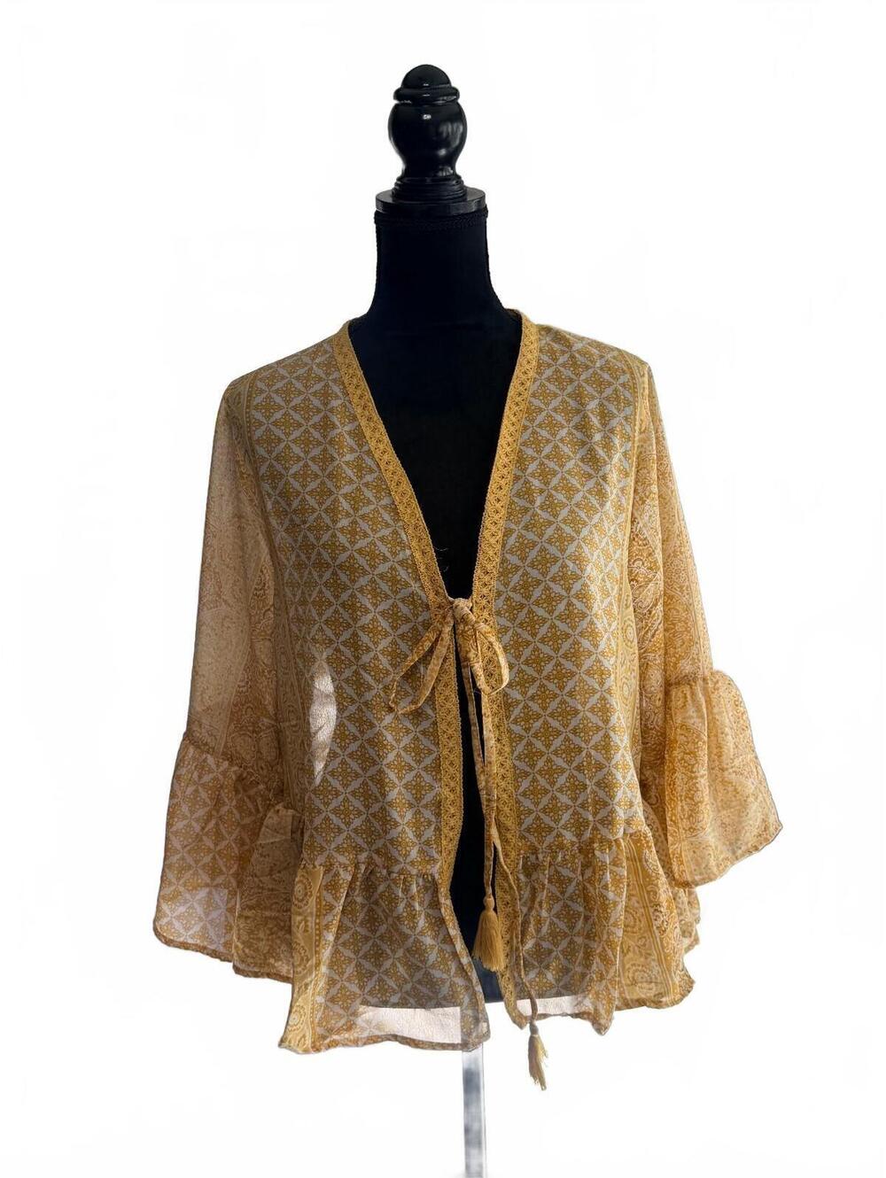 Rebellion Aegean Boho Sheer Tie-Front Ruffle Blouse Medium